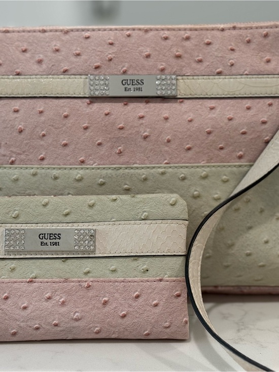 Guess Handbags - GUESS Pink and Cream Two-Piece Tote and Wallet Set with Rhinestone Plaques